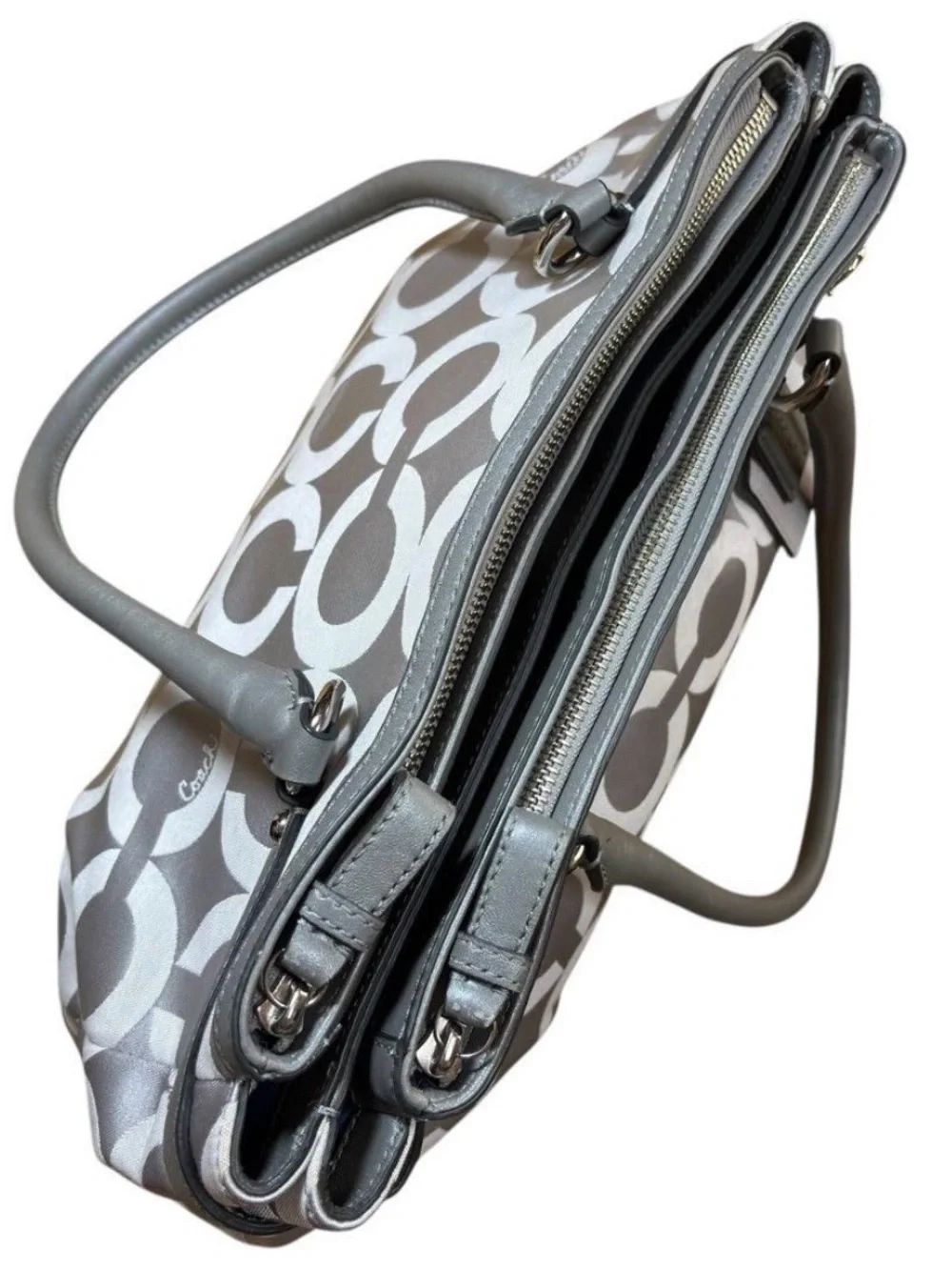 Coach Madison Op Art Kara Carryall Handbag 2012 Silver & Grey w 2-Hangtags - GUC